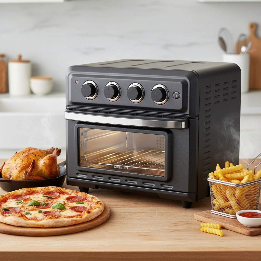 Các món ăn được chế biến bằng lò chiên không dầu Cuisinart TOA60U: pizza, gà quay, khoai tây chiên