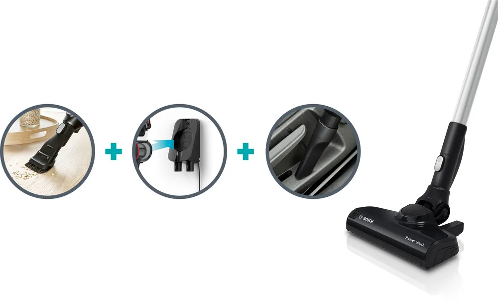 Nhiều phụ kiện đi kèm giúp máy hút bụi Bosch BBS611BSC làm sạch từ sàn nhà đến trần nhà và cả trong xe hơi.