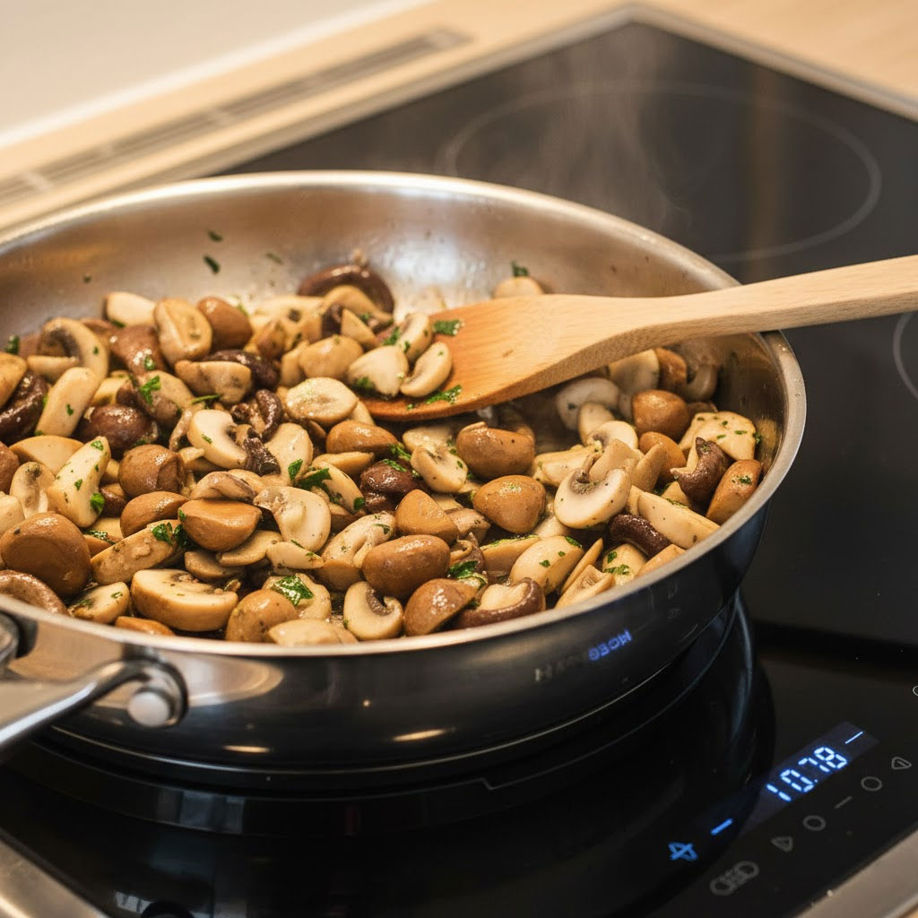 Hỗn hợp nấm và hạt dẻ đang được đảo trong chảo inox sáng bóng
