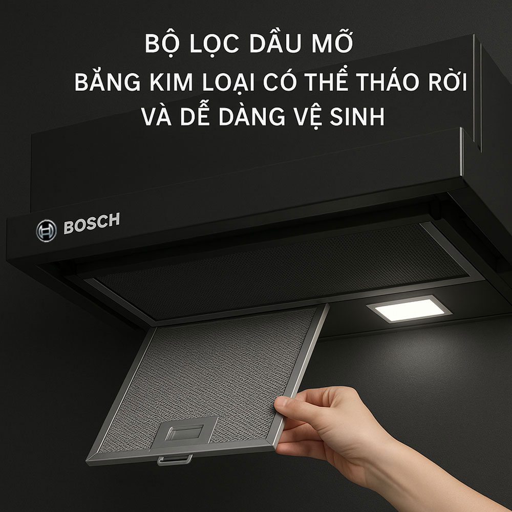 Máy hút mùi Bosch DFT93CA61B đảm bảo loại bỏ hiệu quả khói, mùi và hơi ẩm phát sinh trong quá trình nấu nướng