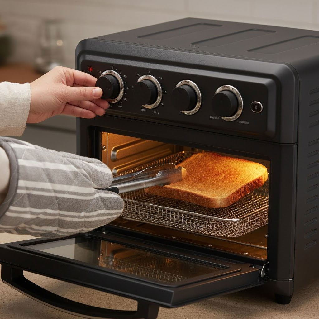 Người dùng điều chỉnh núm cơ và lấy bánh mì nướng ra khỏi lò Cuisinart TOA60U