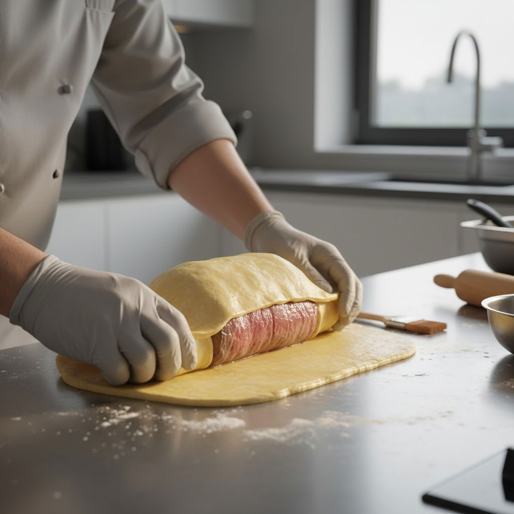 Đôi tay đầu bếp bọc Bò Wellington bằng bột ngàn lớp