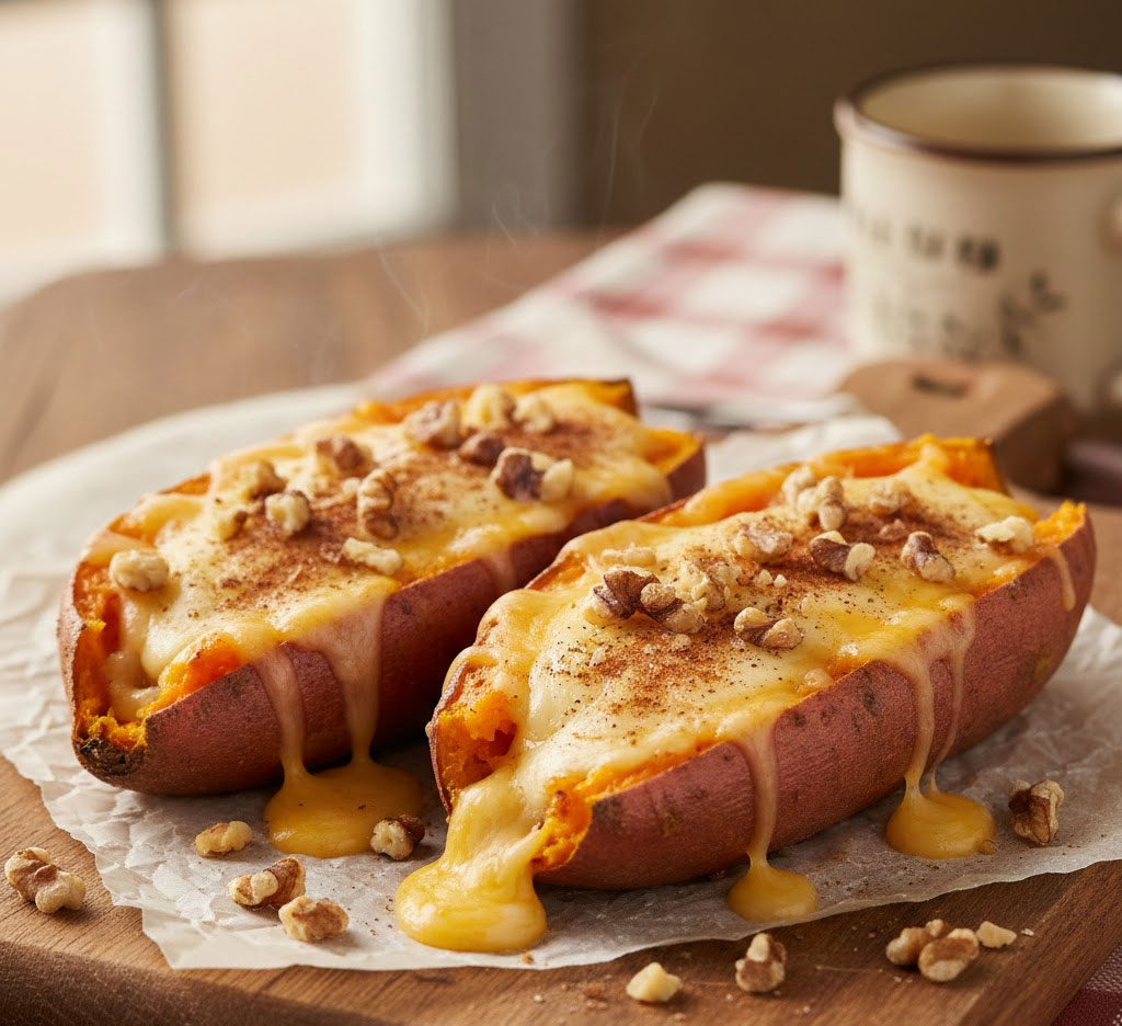 Khoai lang nướng phô mai sữa chua là món tráng miệng nhẹ nhàng, vừa ngon vừa giàu canxi