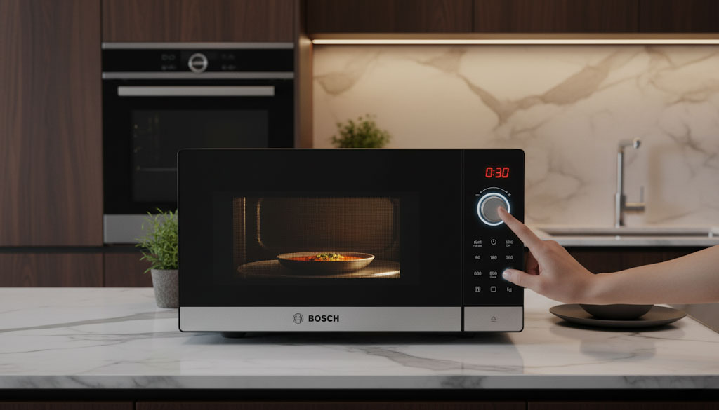 Chức năng QuickStart khởi động nhanh công suất tối đa trong 30 giây của lò vi sóng Bosch Serie 2 FFL023MS2