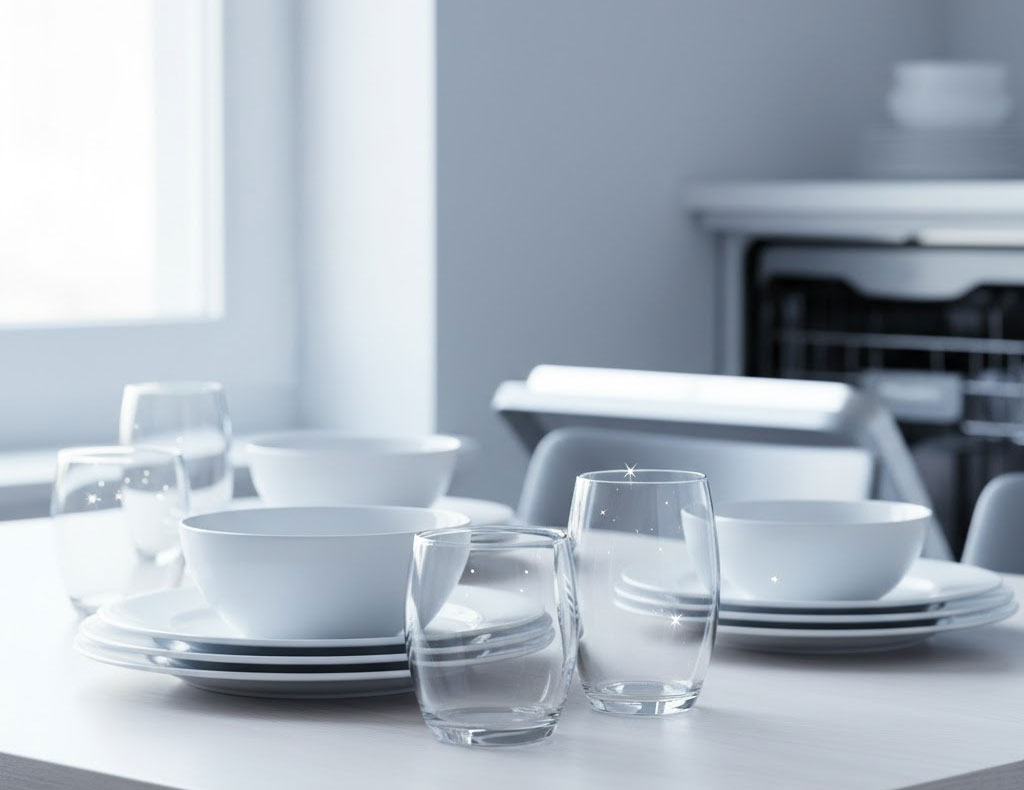 Bát đĩa sáng bóng và sạch tinh tươm sau khi sử dụng viên rửa bát Largo All-in-one