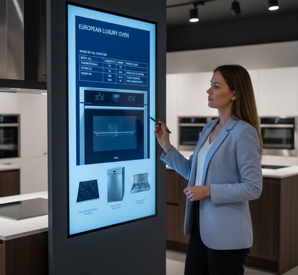 khách hàng xem bảng thông số kỹ thuật sản phẩm thiết bị bếp