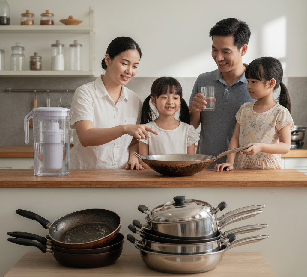 Người sử dụng nước lọc và thay thế chảo chống dính bằng vật liệu an toàn