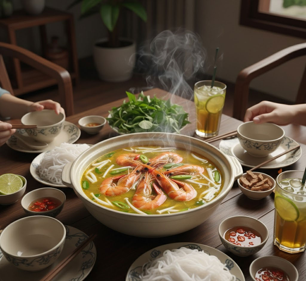 Bàn ăn gia đình với món canh chua tôm kiểu Thái nóng hổi