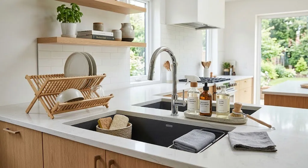 Không gian bếp hiện đại với các sản phẩm tẩy rửa sắp xếp gọn gàng