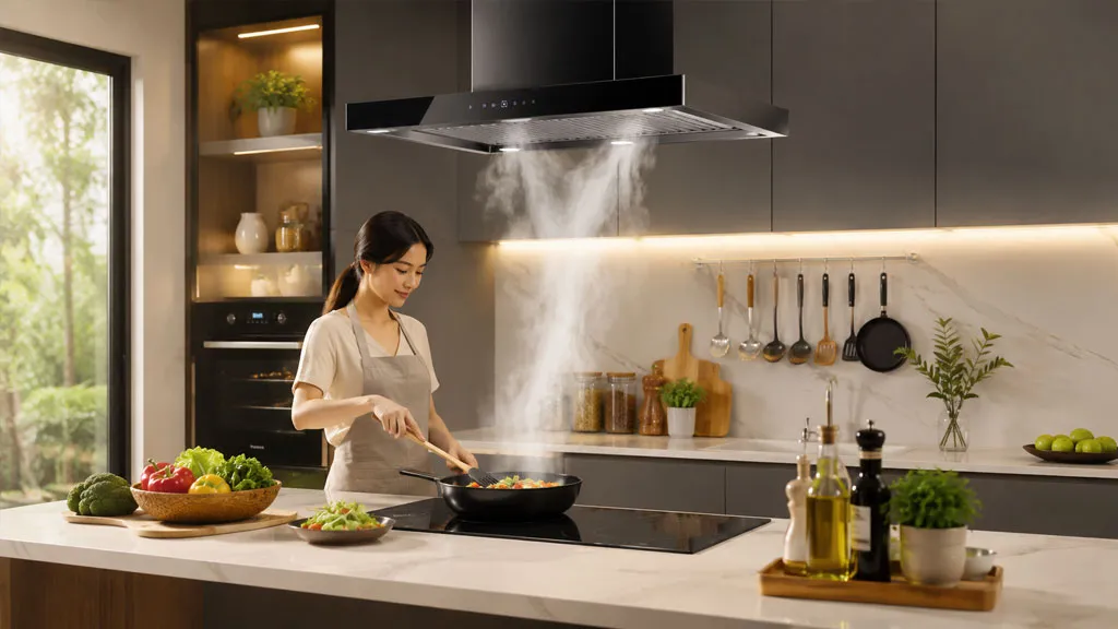 Không gian bếp hiện đại với người nội trợ đang nấu ăn trên bếp từ và hệ thống hút mùi hoạt động