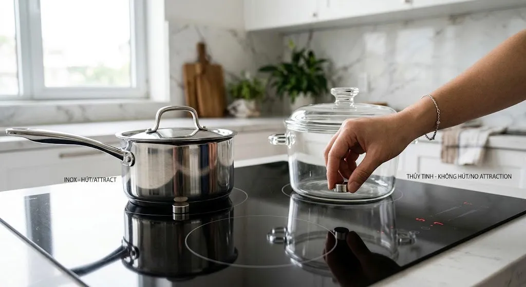 kiểm tra nồi bếp từ bằng nam châm phân biệt inox và thuỷ tinh