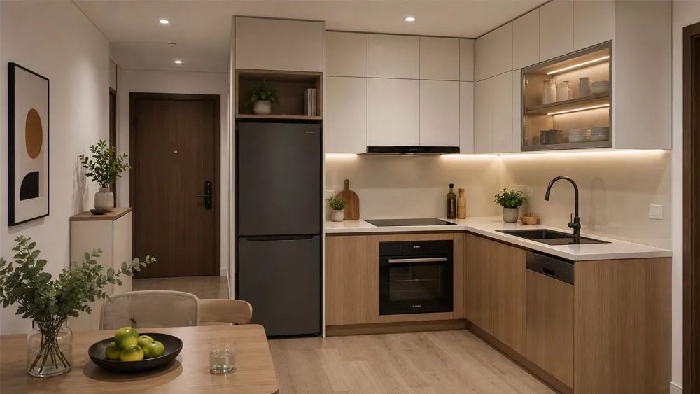 Không gian bếp căn hộ nhỏ với thiết bị bếp âm tủ hiện đại và gọn gàng