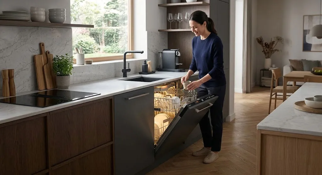 không gian bếp hiện đại với máy rửa bát âm tủ sang trọng