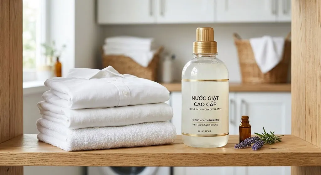 Chai nước giặt cao cấp đặt cạnh quần áo trắng tinh khôi
