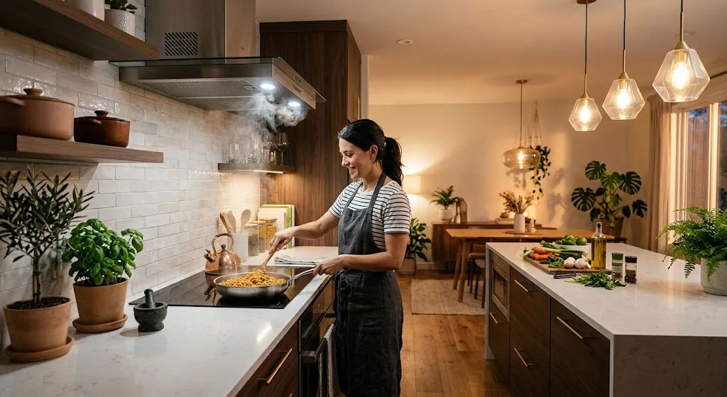 Không gian bếp hiện đại với máy hút mùi hiệu quả