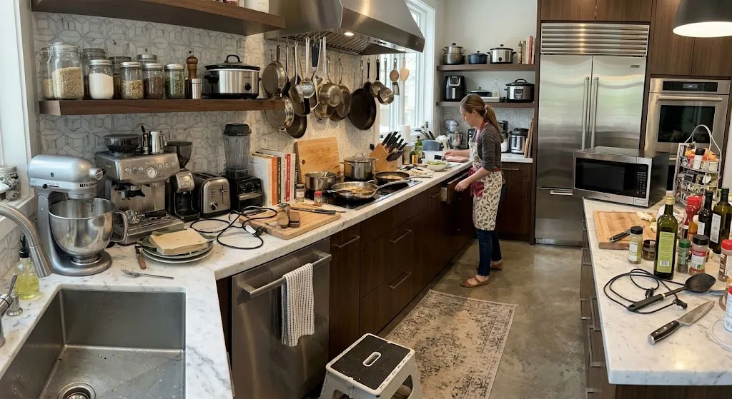 không gian bếp hiện đại nhiều thiết bị cao cấp nhưng bố trí chưa hợp lý