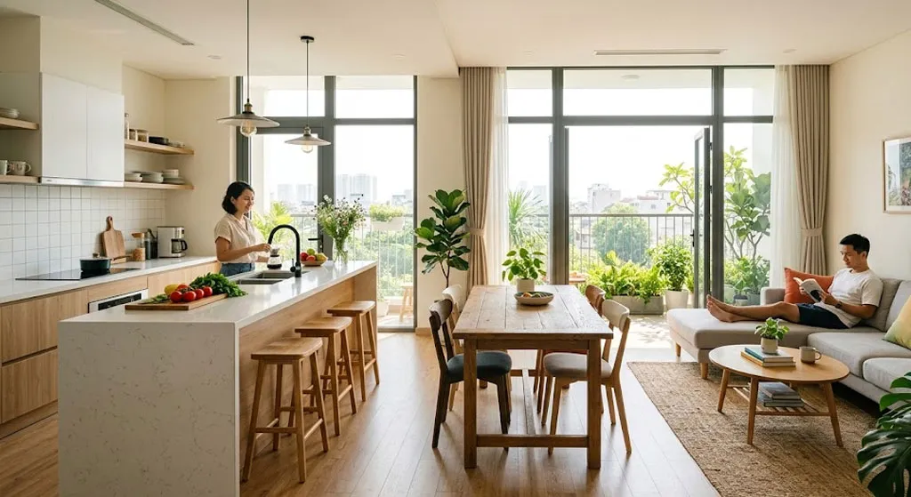 không gian bếp mở hiện đại kết nối phòng khách