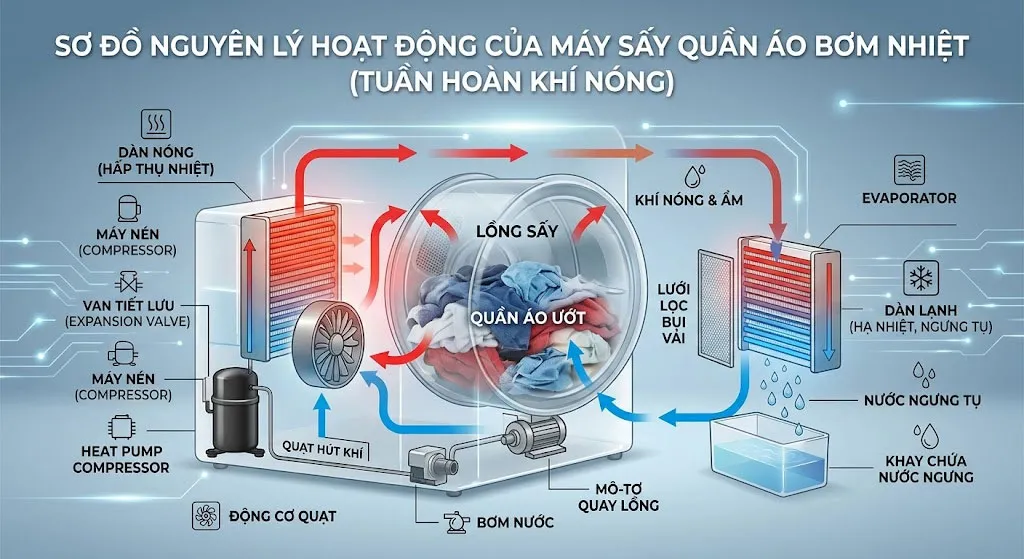 Sơ đồ nguyên lý hoạt động máy sấy quần áo