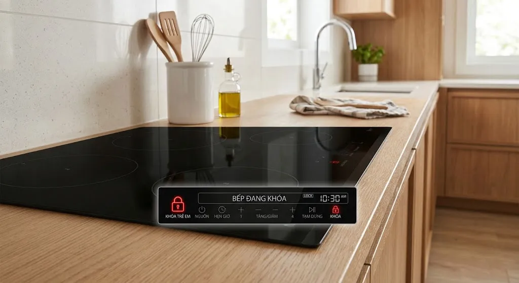 bảng điều khiển thiết bị bếp có khóa an toàn cho trẻ em