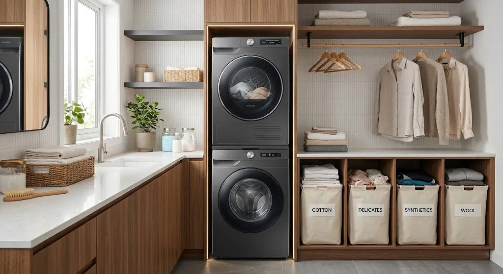 Máy sấy quần áo cao cấp trong không gian giặt sấy hiện đại với quần áo phân loại theo chất liệu