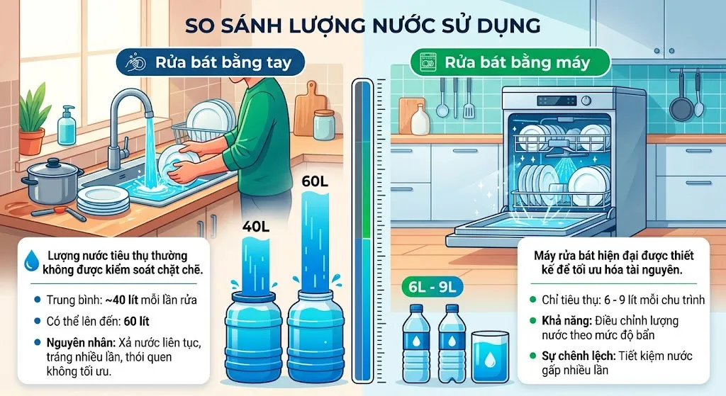 so sánh lượng nước rửa bát bằng tay và máy rửa bát