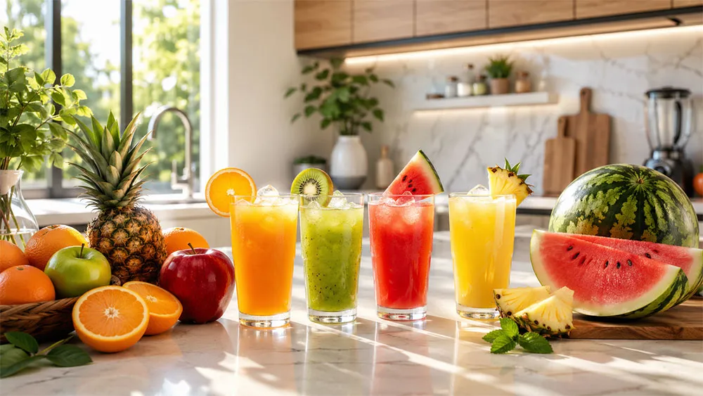 Máy ép trái cây và các loại trái cây tươi mùa hè trong không gian bếp hiện đại