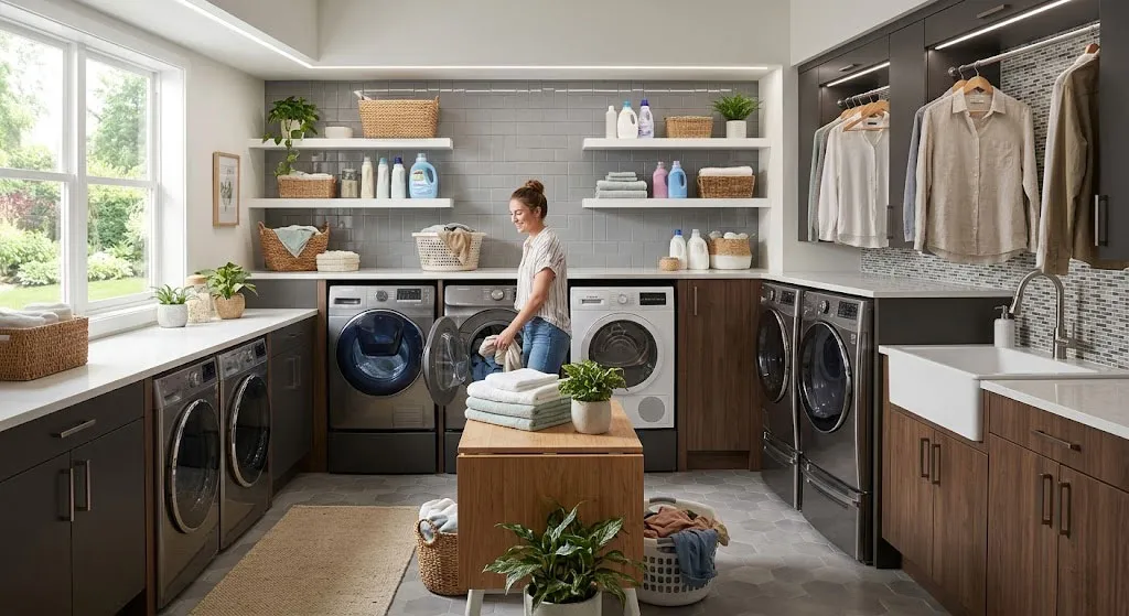 Không gian phòng giặt hiện đại với nhiều dòng máy giặt khác nhau