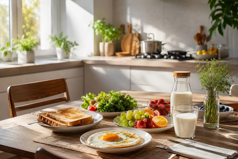 Bữa sáng 10 phút với bánh mì trứng rau xanh và trái cây