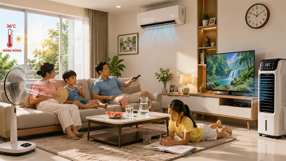 Gia đình sử dụng nhiều thiết bị điện trong phòng khách vào ngày nắng nóng