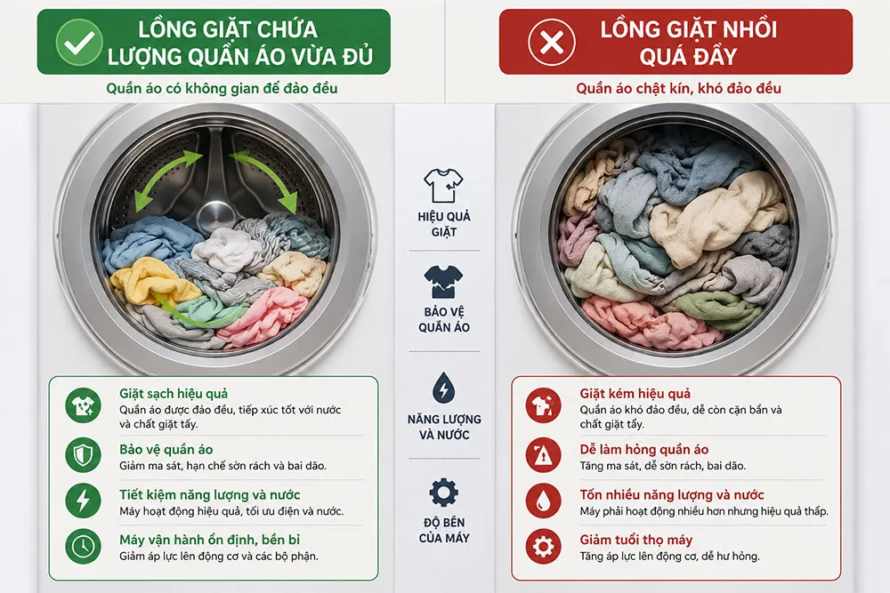 So sánh lồng giặt đúng tải và quá tải ảnh hưởng đến hiệu quả giặt sạch