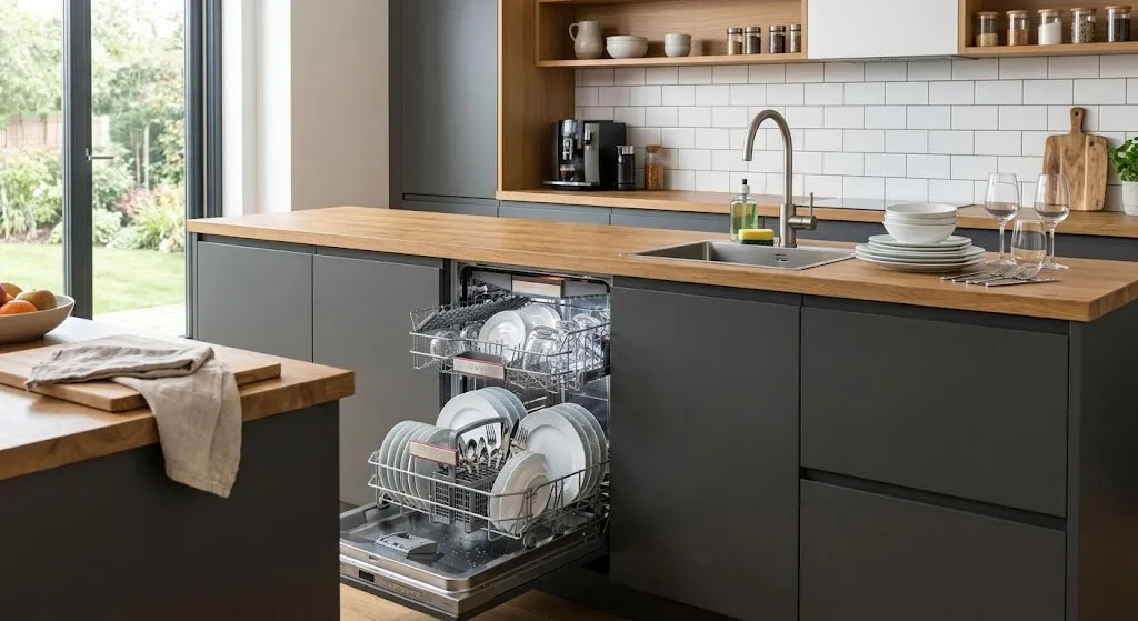 Không gian bếp hiện đại với máy rửa bát âm tủ và bộ bát đĩa sáng bóng sau khi làm sạch