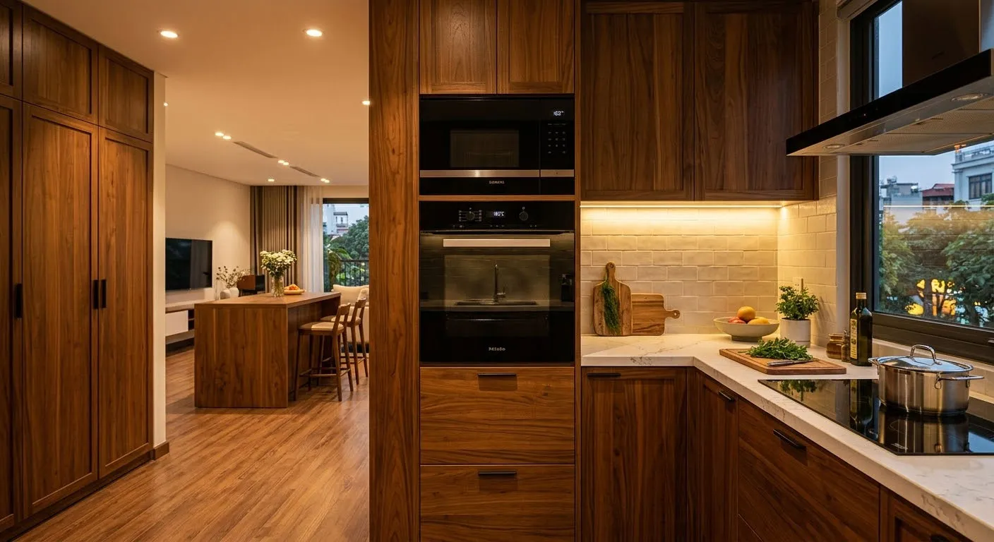 lò nướng âm tủ trong không gian bếp hiện đại sang trọng