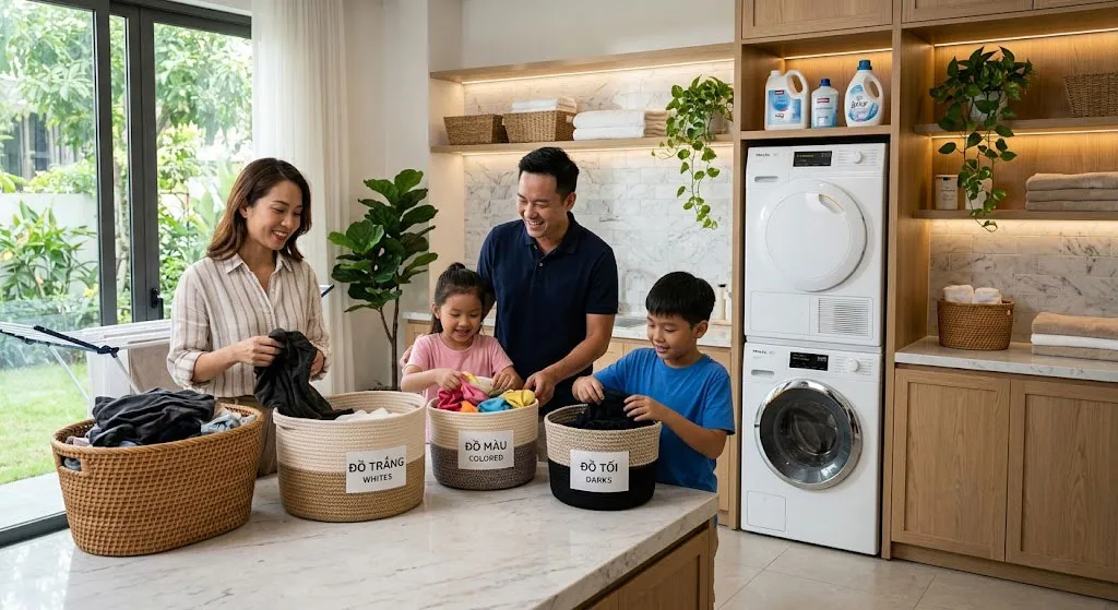 Gia đình phân loại quần áo trước khi cho vào máy giặt hiện đại