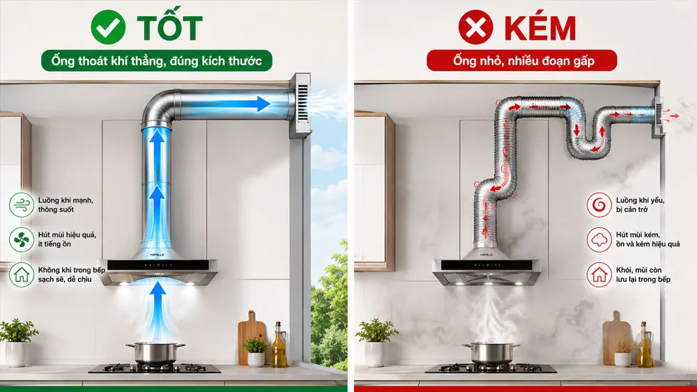 So sánh đường ống máy hút mùi đúng kích thước và đường ống có nhiều đoạn gấp