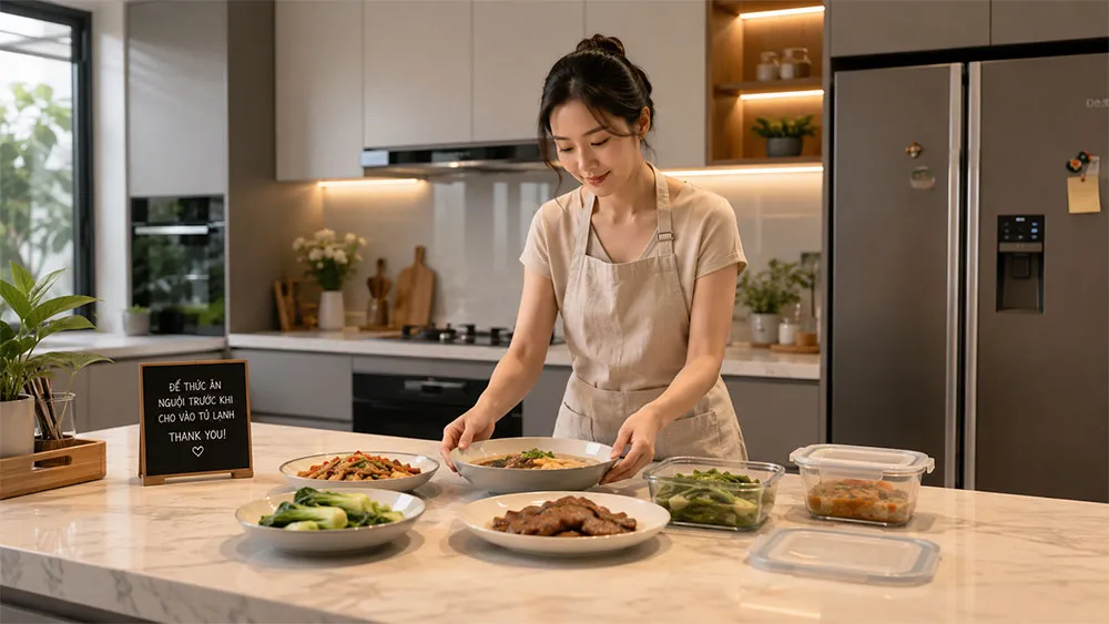 Để thức ăn nguội trước khi bảo quản trong tủ lạnh hiện đại