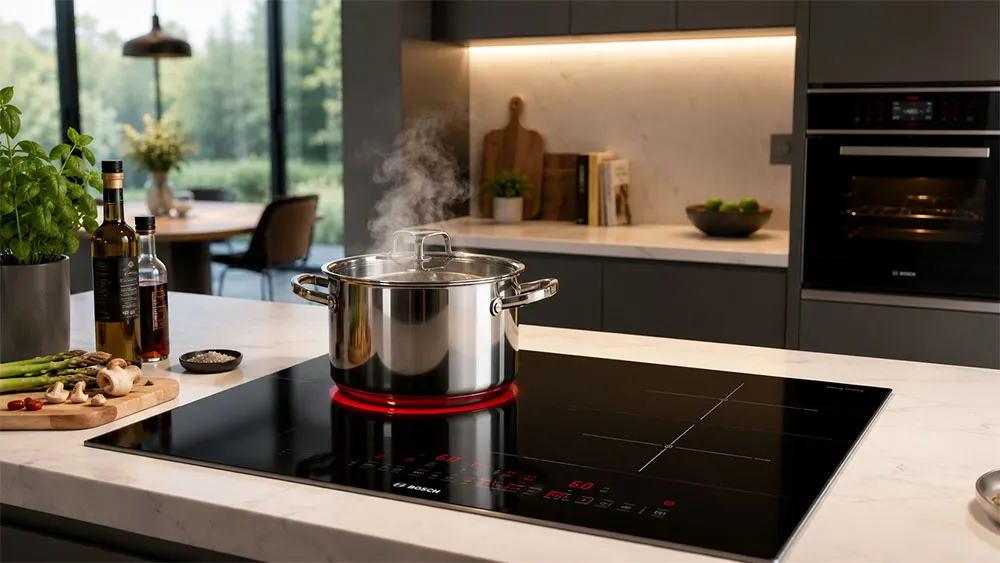 Bếp từ cao cấp trong không gian bếp hiện đại với nồi inox sáng bóng