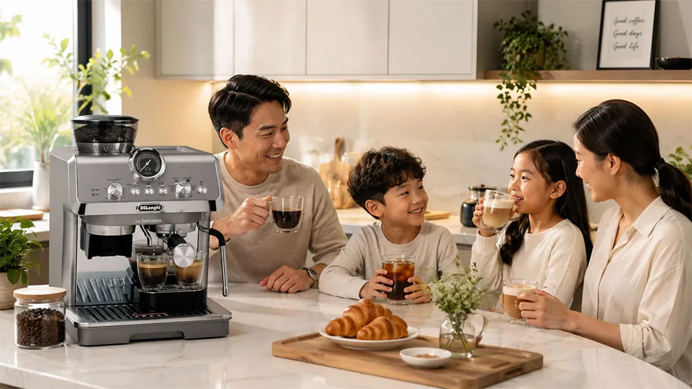 Gia đình thưởng thức cà phê buổi sáng cùng máy pha cà phê tại nhà