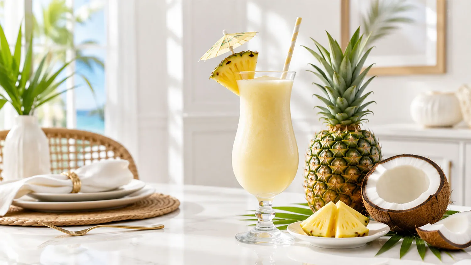 Kem trái cây Pina Colada mát lạnh với dứa tươi và dừa trong không gian mùa hè sang trọng