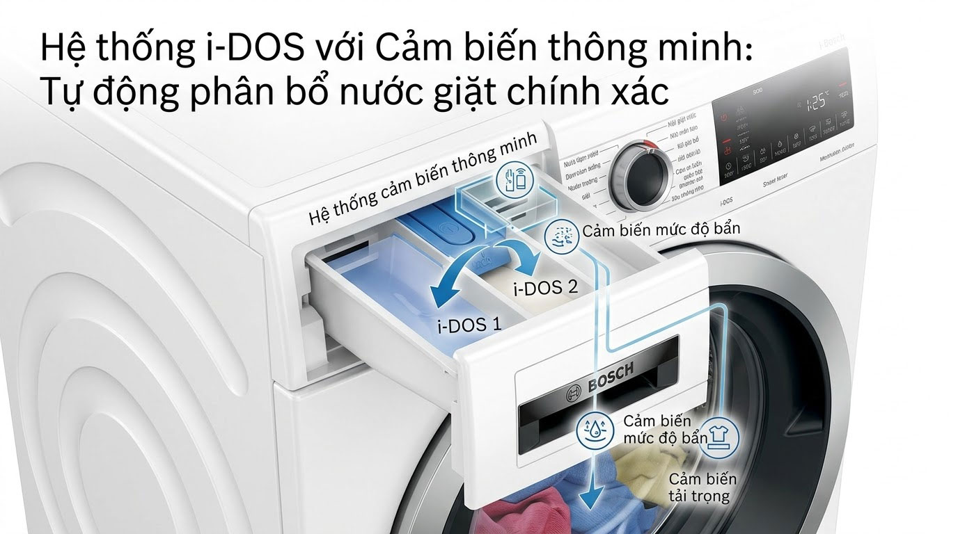 Hình minh họa ngăn chứa nước giặt của máy giặt Bosch với hệ thống cảm biến thông minh