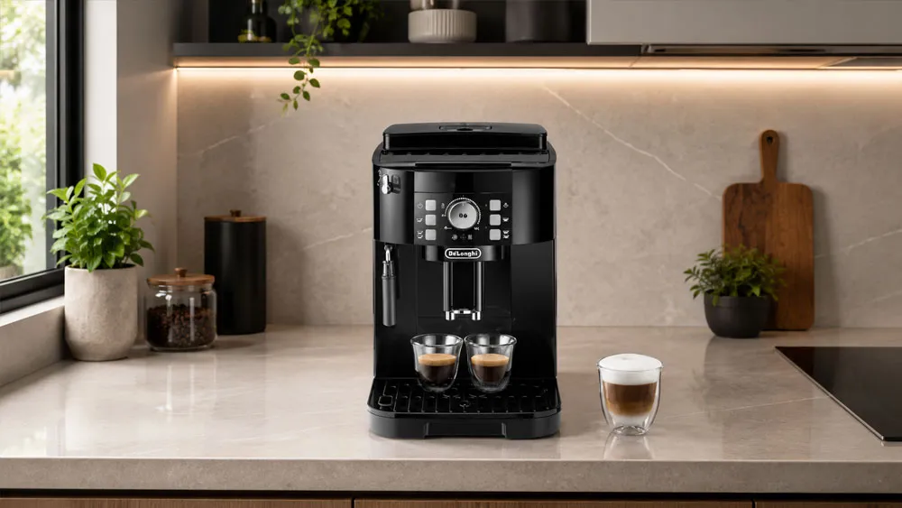 Máy pha cà phê Delonghi ECAM12.122.B đặt trong không gian bếp hiện đại cao cấp