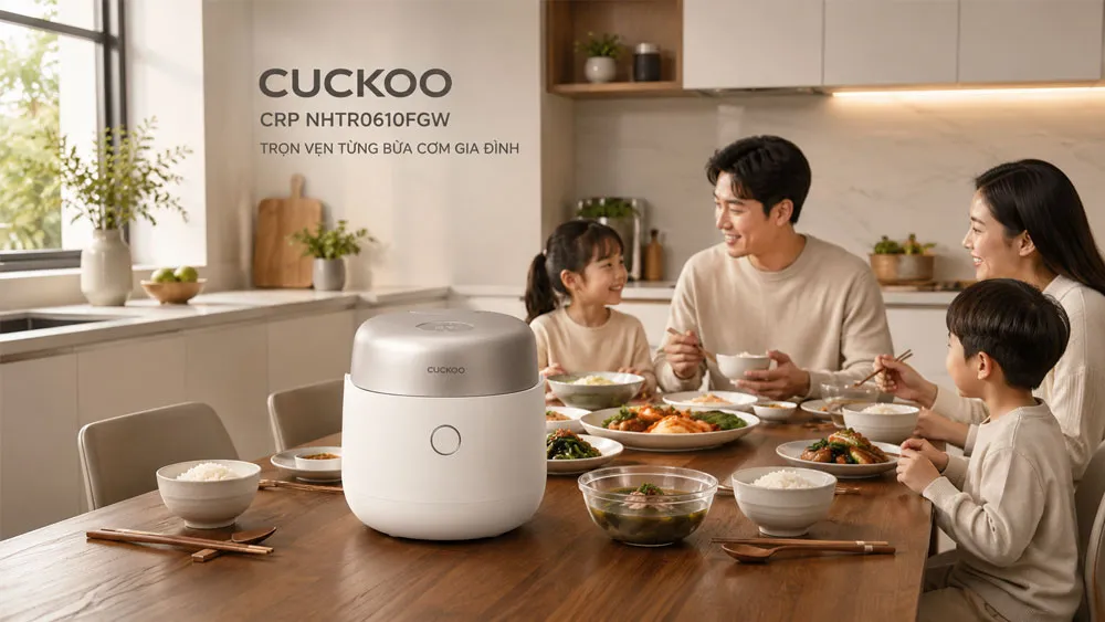 Nồi cơm điện cao tần áp suất kép CRP NHTR0610FGW trong không gian bếp hiện đại