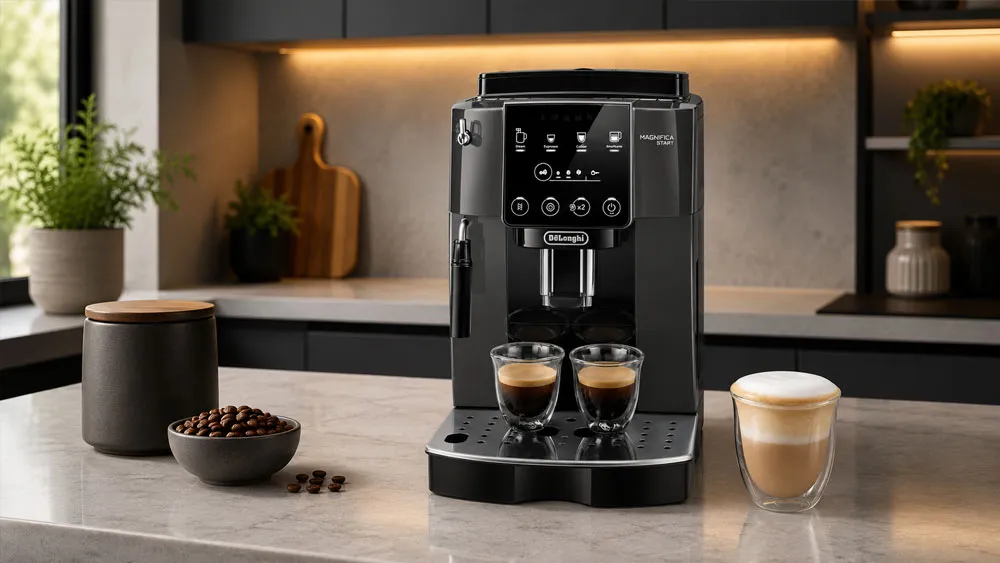 Máy pha cà phê Delonghi ECAM220.22.GB pha espresso trong không gian bếp hiện đại