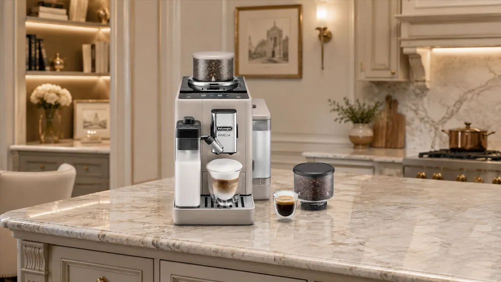 Máy pha cà phê Delonghi EXAM440.55.BG trong không gian bếp cao cấp phong cách châu Âu