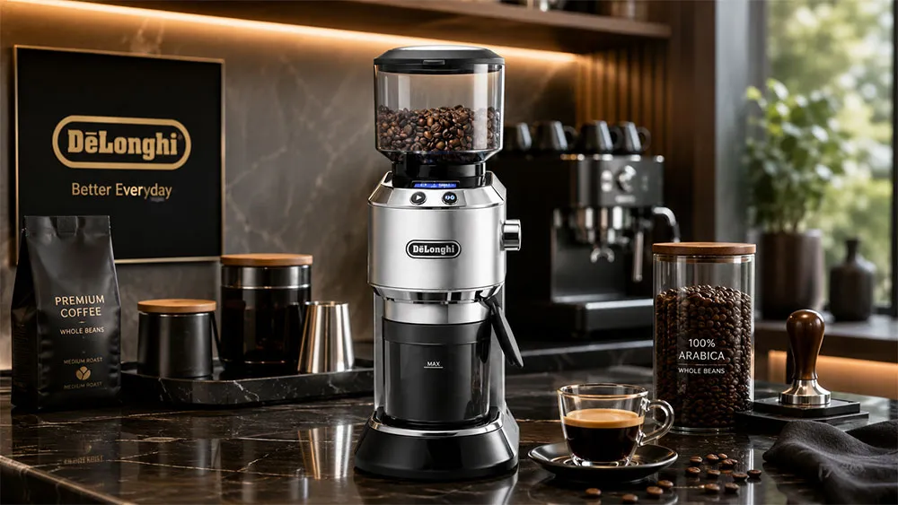 Máy xay cà phê Delonghi KG521.M cao cấp bên cạnh tách Espresso