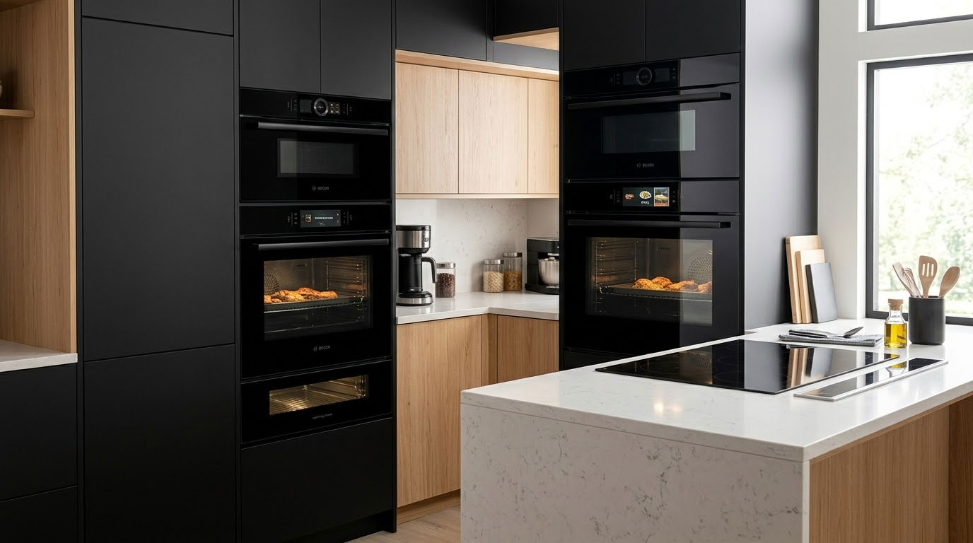 Không gian bếp hiện đại với lò nướng Bosch tích hợp chức năng Air Fry