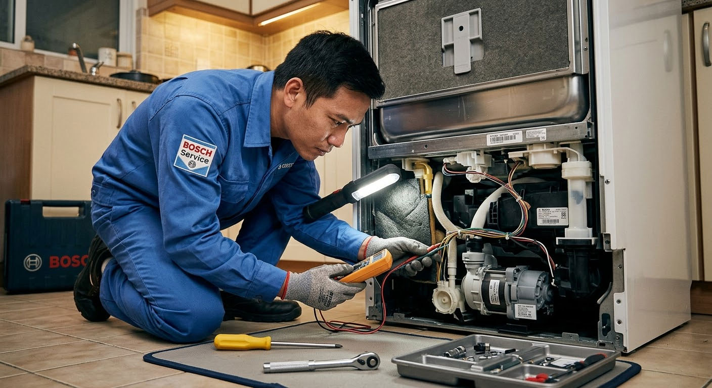 kỹ thuật viên kiểm tra đáy máy rửa bát Bosch