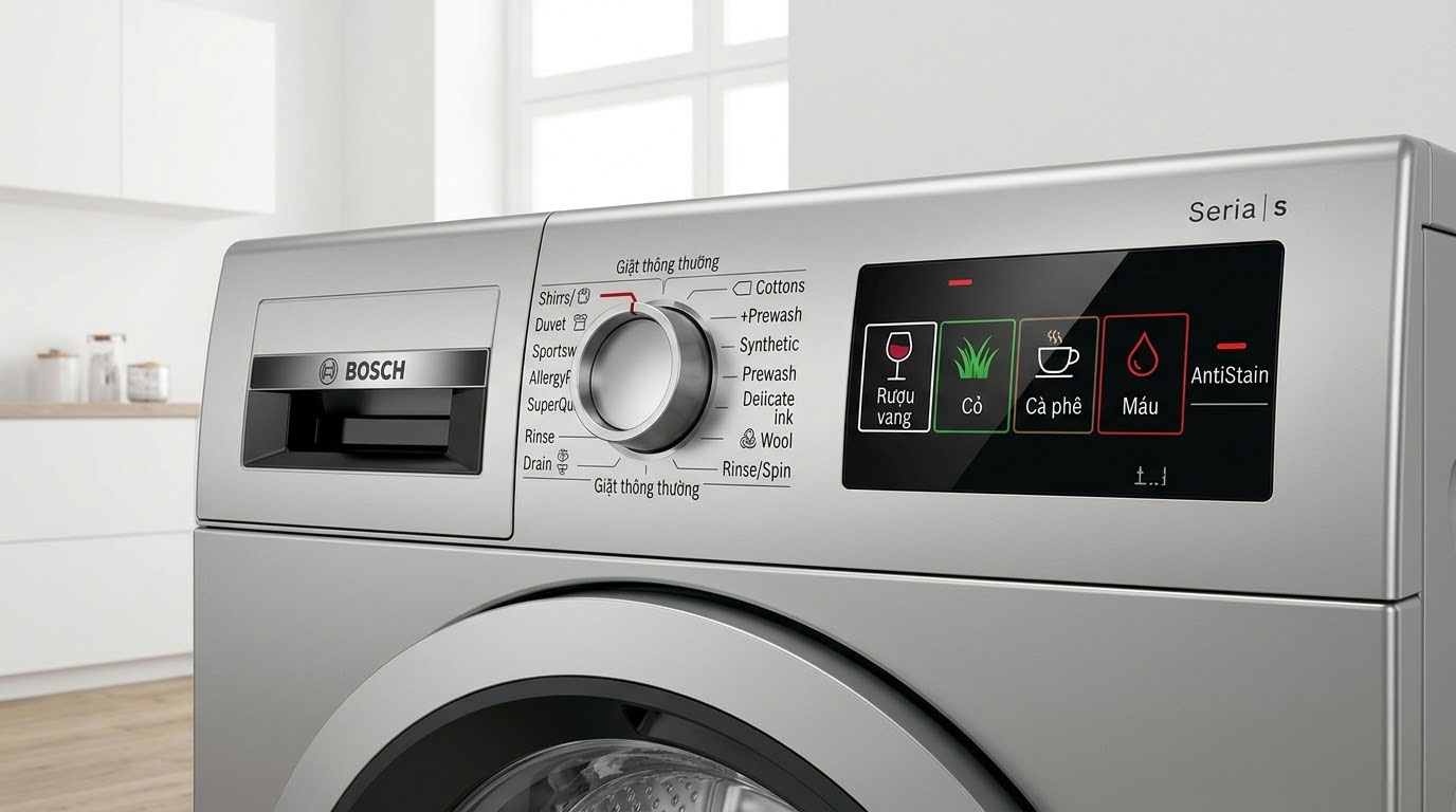 Bảng điều khiển máy giặt Bosch hiển thị các chế độ xử lý vết bẩn khác nhau