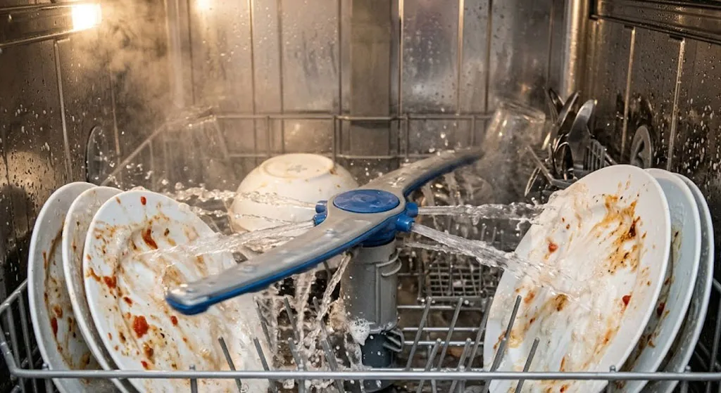 tia nước nóng trong máy rửa bát làm sạch bát đĩa