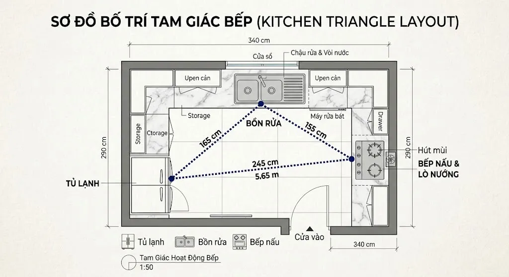 Sơ đồ bố trí tam giác bếp khoa học trong nhà bếp