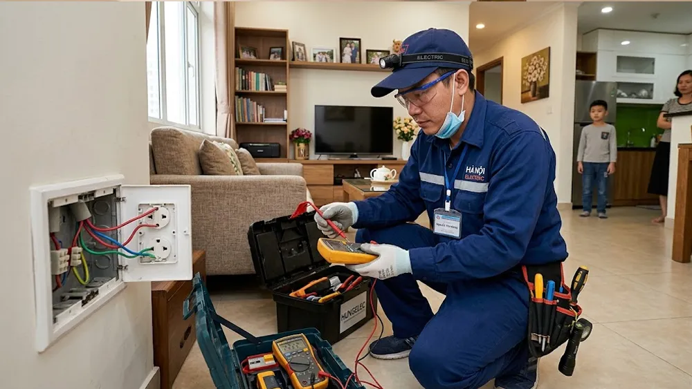 Kỹ thuật viên kiểm tra hệ thống dây điện và ổ cắm trong gia đình